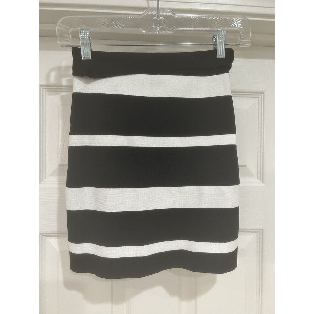 BCBGMaxazria Simone Black & Bandage Mini Skirt in Black & White Stripes XS